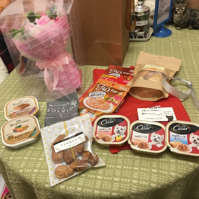支援物資とお祝いのお花をいただきました😄里帰りワンコ🐶はマハロ➡こう君💕＆クロチャン💕